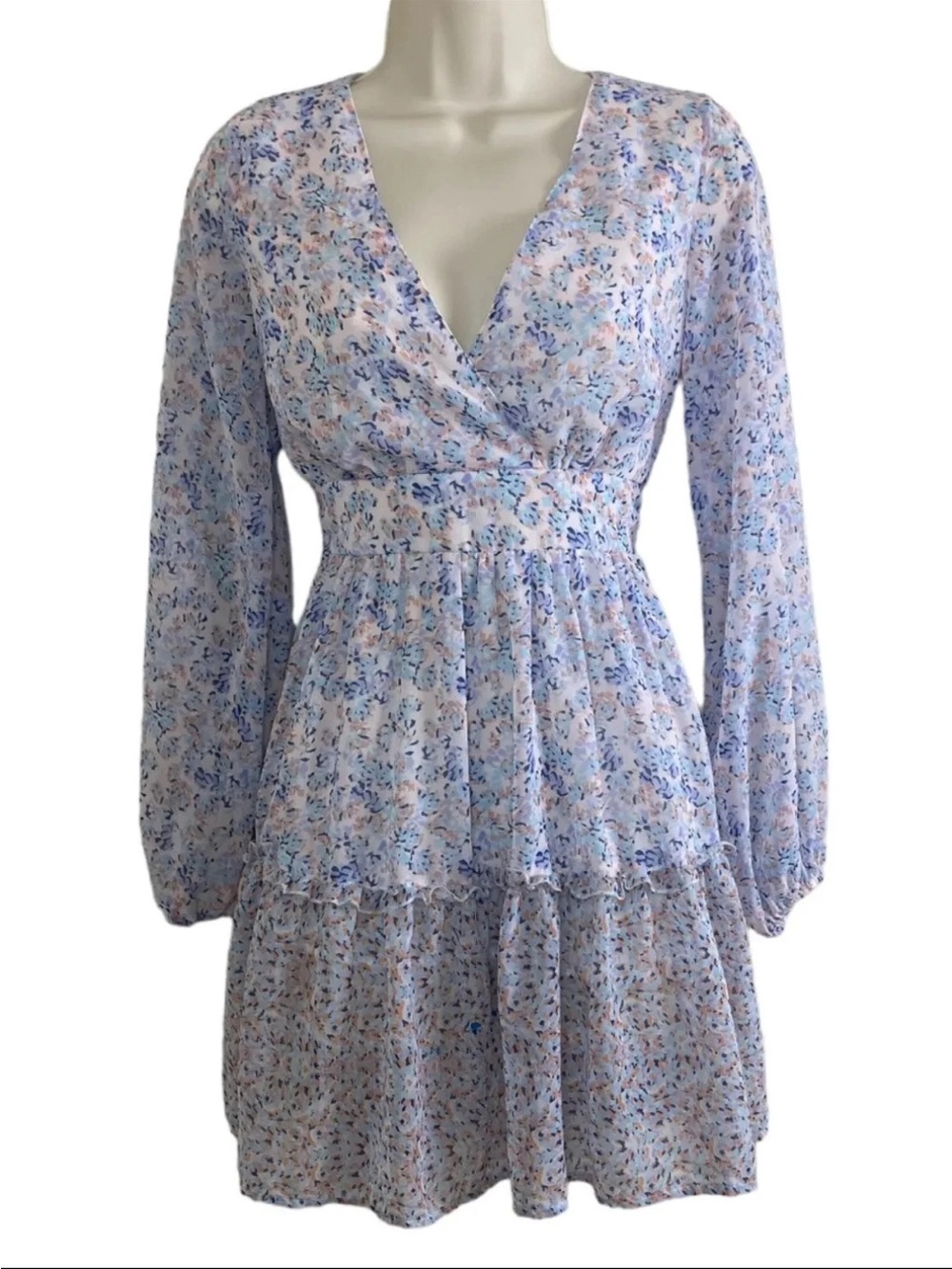 Japna Sz M Womens Pink/Blue Floral Print Dress Fit & Flare Mini Balloon Sleeve